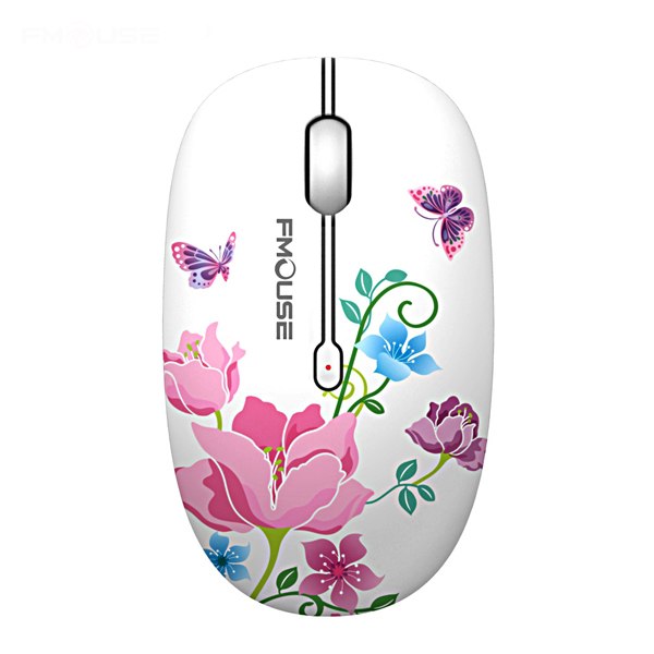 FMOUSE Mouse Mini Wireless Mouse with floral design featuring butterflies and colorful flowers.