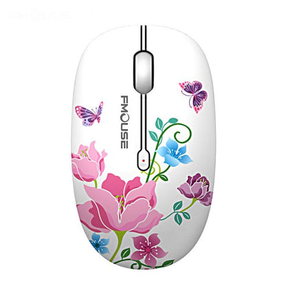 FMOUSE Mouse Mini Wireless Mouse with floral design featuring butterflies and colorful flowers.