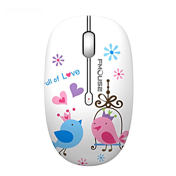 FMOUSE Mouse Mini Wireless Mouse with colorful bird design and floral patterns.