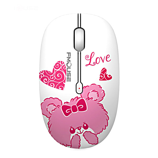 FMOUSE Mouse Mini Wireless Mouse design featuring cute pink bear and hearts, perfect for stylish and comfortable use.