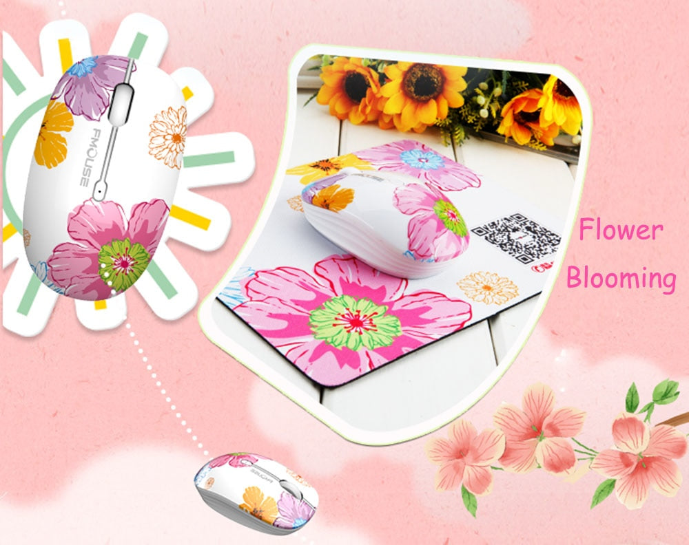 FMOUSE Mouse Mini Wireless Mouse with floral design on mouse and mouse pad, perfect for stylish and comfortable use.