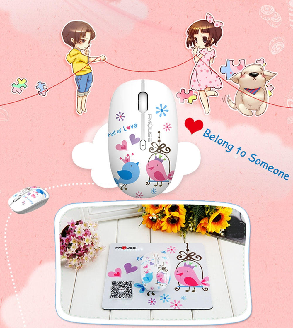 FMOUSE Mouse Mini Wireless Mouse with colorful cartoon design, featuring cute birds and playful characters.