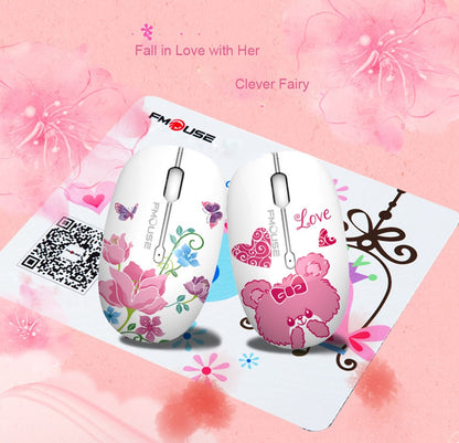 FMOUSE Mouse Mini Wireless Mouse with floral and cute bear design on a colorful mouse pad