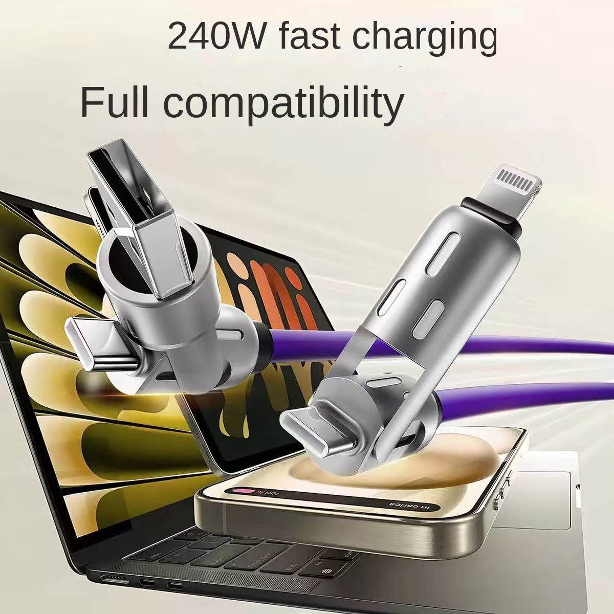 Colorful LED Silicone 4-in-1 Charging Cable with Zinc Alloy PD 100W Fast Charging, 6A Car Charger, Multi-functional Universal Compatible Charging Cable