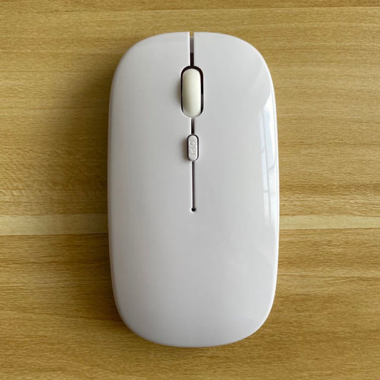 Mouse Dual-mode Charging Wireless Mouse on a wooden surface with a sleek design and four buttons.